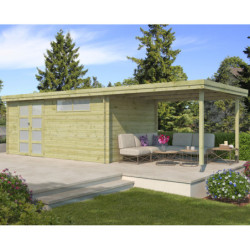 Chalet moderne Oregon 16,4m² + extension 300cm en bois traité 28mm avec porte double vitrée+fenêtre - Gardenas