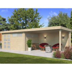 Chalet Moderne 13,8m² + extension 400cm en bois massif 44mm avec porte double vitrée+2 fenêtres - Gardenas
