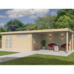 Chalet Moderne 16,74m² + extension 400cm en bois massif 44mm avec porte double vitrée+2 fenêtres - Gardenas