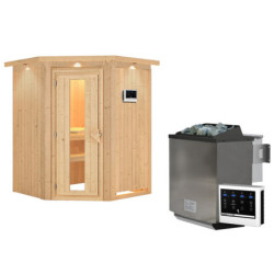 Sauna traditionnel d'angle LARIN poêle Easy Bio avec porte à économie d'énergie KARIBU