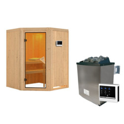 Sauna traditionnel d'angle LARIN - poêle avec contrôle externe - avec porte classique KARIBU