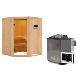 Sauna traditionnel d'angle LARIN - avec poêle Easy Bio 9000W - avec porte classique KARIBU