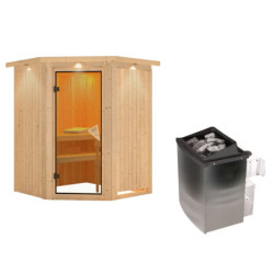 Sauna traditionnel d'angle LARIN - poêle avec contrôle intégré - porte classique KARIBU