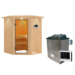 Sauna traditionnel d'angle LARIN poêle avec contrôle externe - couronne et porte classique KARIBU