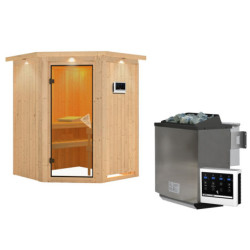 Sauna traditionnel d'angle LARIN avec poêle Easy Bio 9000W - porte classique KARIBU