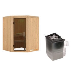 Sauna traditionnel d'angle LARIN poêle avec contrôle intégré - porte moderne KARIBU