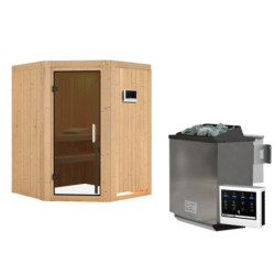 Sauna traditionnel d'angle LARIN avec poêle Easy Bio 9000W - avec porte moderne KARIBU