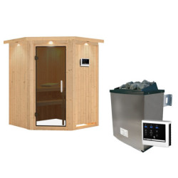 Sauna traditionnel d'angle LARIN poêle avec contrôle externe - porte moderne KARIBU