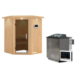 Sauna traditionnel d'angle LARIN avec poêle Easy Bio 9000W - porte moderne KARIBU