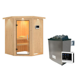 Sauna traditionnel d'angle LARIN poêle avec contrôle externe - porte en verre claire KARIBU