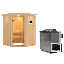 Sauna traditionnel d'angle LARIN avec poêle Easy Bio 9000W - porte en verre claire KARIBU