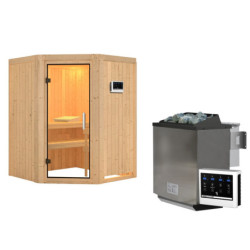 Sauna traditionnel d'angle LARIN - poêle Easy Bio 9000W - avec porte en verre clair KARIBU