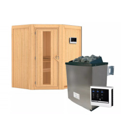 Sauna traditionnel d'angle TAURIN - poêle a contrôle externe - porte à économie d'énergie KARIBU