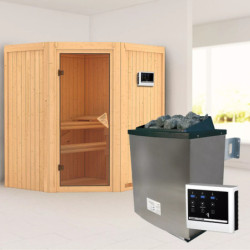 Sauna traditionnel d'angle TAURIN - poêle avec contrôle externe - avec porte classique KARIBU