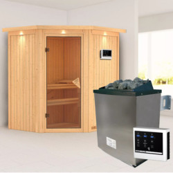 Sauna traditionnel d'angle TAURIN - poêle avec contrôle externe - porte classique KARIBU
