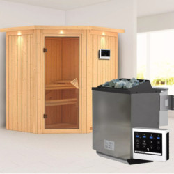 Sauna traditionnel d'angle TAURIN avec poêle Easy Bio 9000W - porte classique KARIBU
