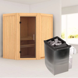 Sauna traditionnel d'angle TAURIN - poêle avec contrôle intégré - porte moderne KARIBU