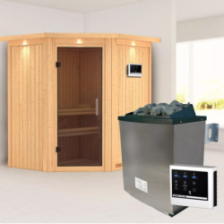 Sauna traditionnel d'angle TAURIN - poêle avec contrôle externe - porte moderne KARIBU